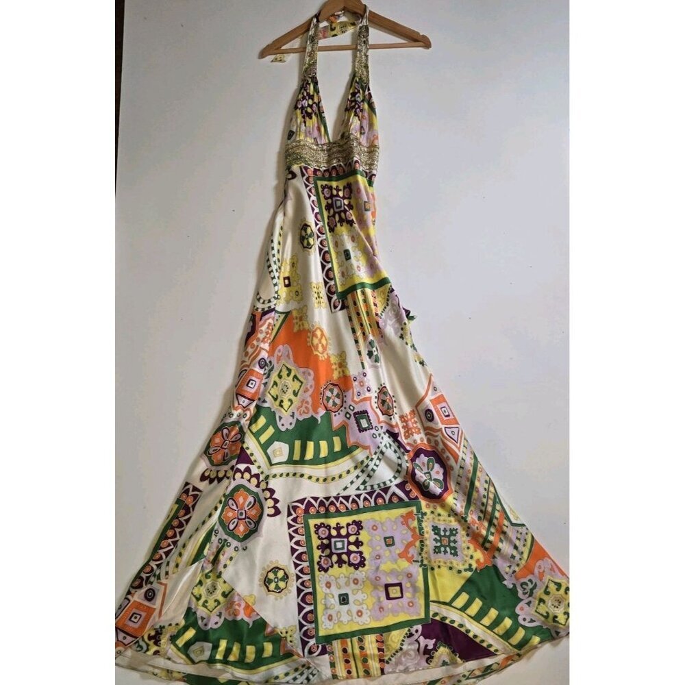 MARY L COUTURE Halter Print Dress Size 0 Yellow Green Beaded Multi Boho Chic EUC